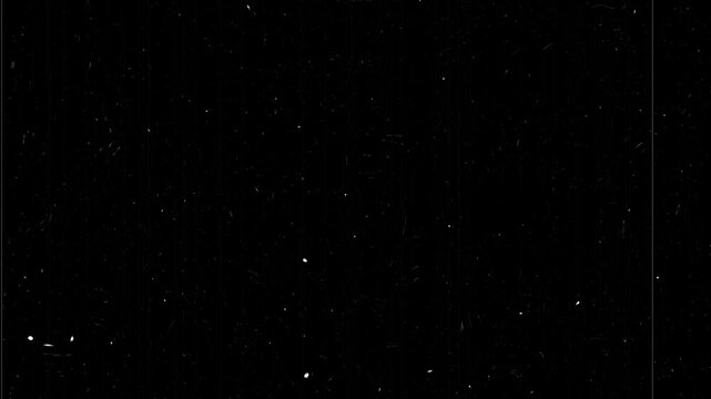 Vintage Black Film Grain Overlay Texture. Seamless loop of old film dust, scratches, and noise on a dark background. Ideal for retro grunge effects. 4K video