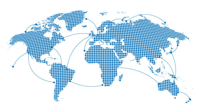 Global network world map vector illustration, blue dotted halftone globe with connection lines for business and technology design