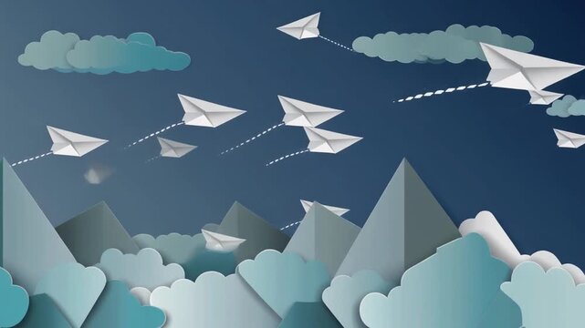 Paper Airplanes Flying Over Mountains and Clouds, Concept of Journey and Freedom