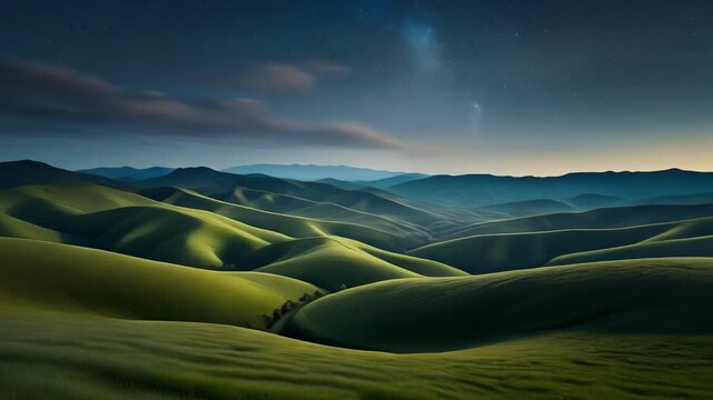Rolling Green Hills Under Starry Sky, Golden Hour Landscape