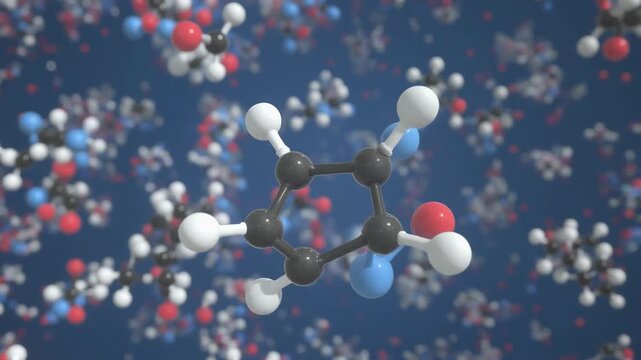 3D molecular model of Uracil, a pyrimidine nucleobase, floating in blue background with other molecules.