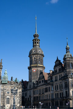Dresden Cathedral on Theaterplatz Saxony, Germany and a yellow tram