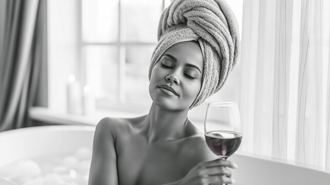 Woman relaxing in bathtub, enjoying self care moment with wine glass, eyes closed in monochrome spa scene