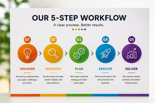 A graphic displays a five-step workflow process with icons and descriptions for Discover, Research, Plan, Execute, and Deliver.
