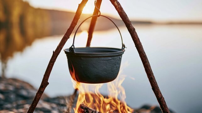 Cooking pot hanging over a glowing campfire by the lake, warming food during golden hour outdoor adventure