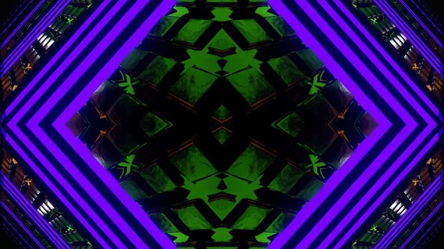 Purple and Lime and Yellow Rotating Glowing Screen Kaleidoscope Background VJ Loop in 4K