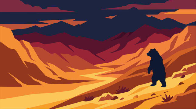 Stylized vector illustration of a bear silhouette standing on a ridge overlooking a mountain valley at sunset.