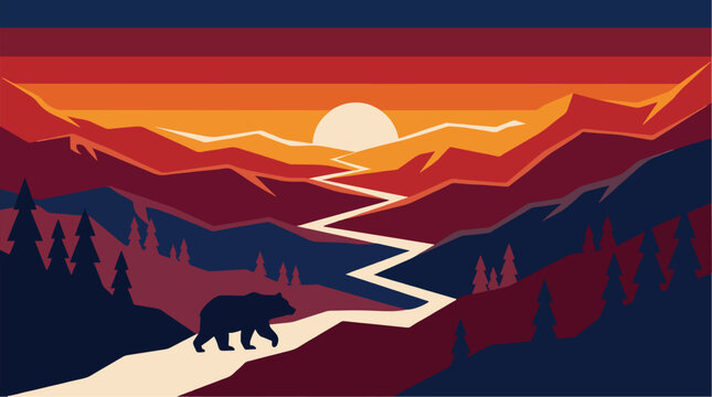 Flat vector illustration of a bear walking beside a winding river in a mountain valley during a vibrant sunset.