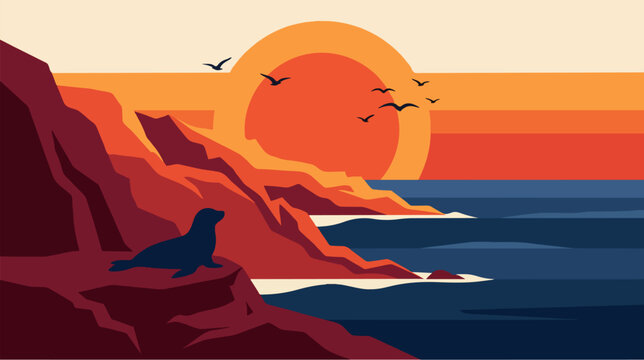 Minimalist vector illustration of a seal on a rocky cliff overlooking a coastal sunset with birds.