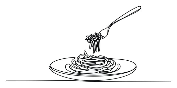 Continuous line drawing of spaghetti on a plate with fork