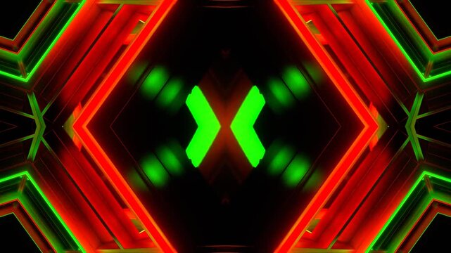 Green and Red Neon Mirrored Pentagonal Kaleidoscope Background VJ Loop in 4K