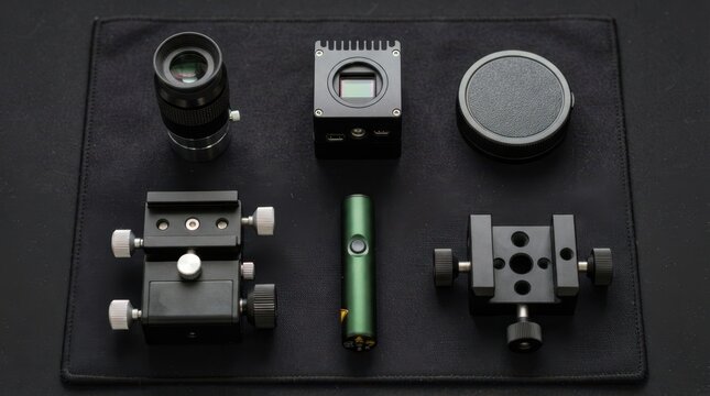 Telescope eyepiece, CCD sensor, star tracker, calibration laser, lens cap, and tripod clamp arranged on a black mat