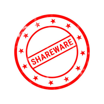 Red shareware rubber stamp icon, circular grunge software seal with stars, isolated digital distribution badge on white background