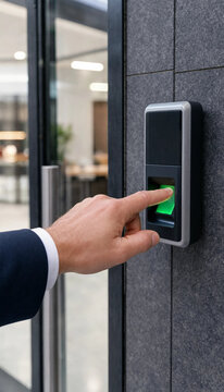 Person using a biometric fingerprint scanner to gain entry through a glass office door with biometric authentication door access security system fingerprint reader access control