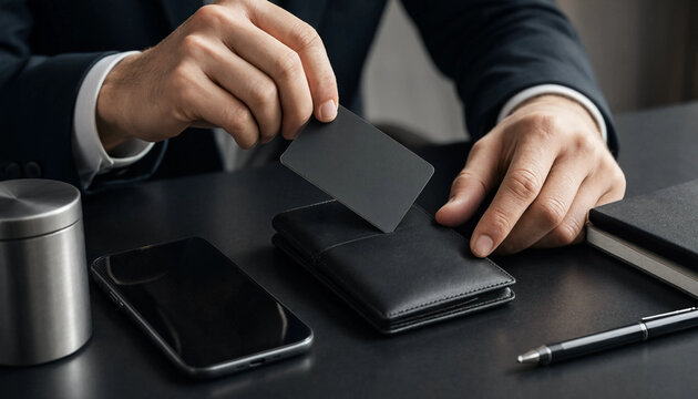 Businessman hand holding a blank black card while pulling it out of a slim leather wallet with financial service business suit payment method smart wallet corporate life money management