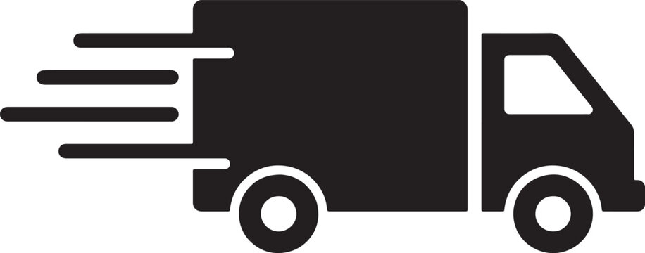 Black and white icon of a fast delivery truck with motion lines, side profile view of a cargo vehicle symbol for logistics and shipping services also transparent background