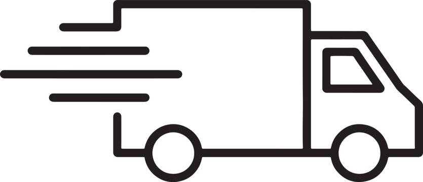Black and white line icon of a delivery truck moving quickly with horizontal motion speed lines, isolated on a plain white background, also transparent background