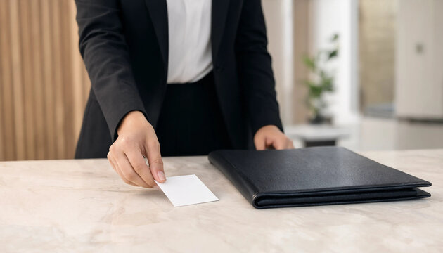 Professional staff member handing a blank business card to a client at a reception counter with hotel desk customer service concierge service front desk check in handing over client inter