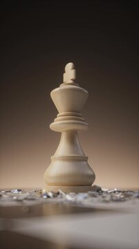 Chess animation of a white king falling onto the board with a dramatic impact. Cinematic strategy visual for power, victory, and decisive action. 3D render vertical video.