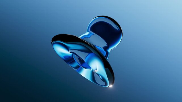 Motion of a glossy blue metallic object with swirling rings floats against a gradient blue background. 3d render animation.