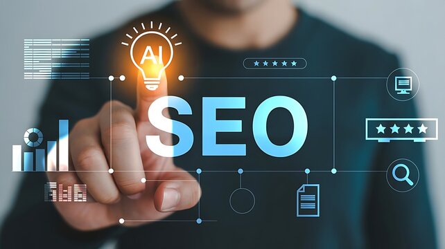Man using AI powered SEO tools on virtual interface for search engine optimization
