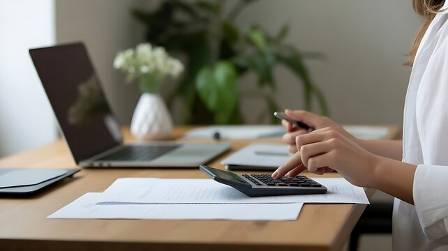 Close-up of a professional woman using a calculator and laptop for financial planning and accounting in a home office setting