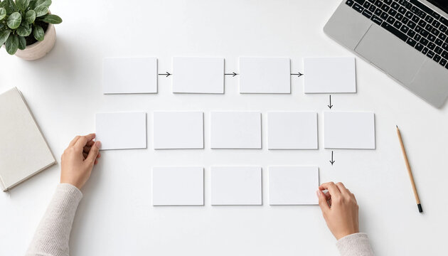 Person creating a structured flow chart with blank note cards on a clean white desk flat lay mind mapping strategy session project planning flowchart brainstorming strategy planning