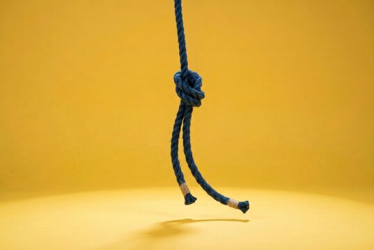 Blue rope noose on yellow background with stark tension
