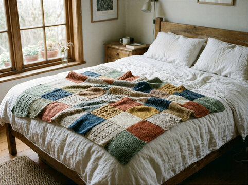 Colorful Patchwork Quilt on Cozy White Bed in Rustic Country Bedroom