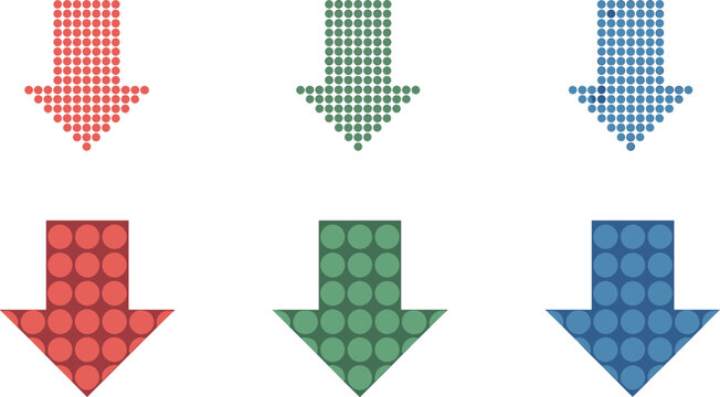 Colorful Halftone Dotted Arrow Icon Set with Red Green and Blue Downward Pointers for Business Loss Financial Decrease and Website Interface Navigation Graphic Designs