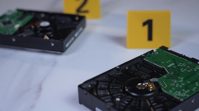 Exposed internal hard drives at evidence markers one and two in cybercrime scene, camera tracking and focus shift, methodical forensic investigation mood, handheld rack focus shot
