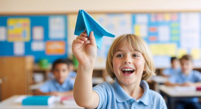 Excited schoolboy holding a blue paper airplane in a classroom. Happy blonde child smiling during a school lesson. Elementary education and childhood concept