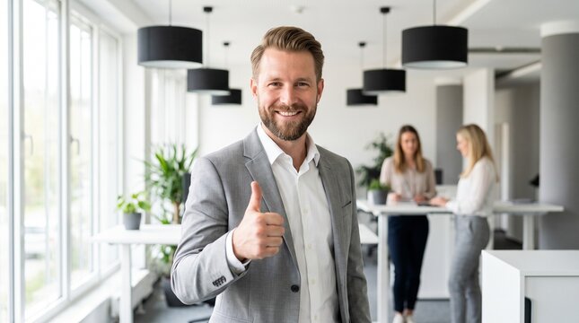 Smiling businessman gives thumbs up in modern office setting.