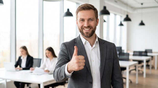 Smiling businessman gives thumbs up in modern office setting.