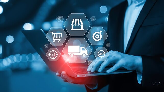 E-commerce and Digital Marketing Strategy with a Business Person Using a Laptop