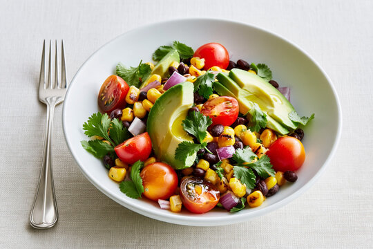 Fresh vegetable salad with cherry tomatoes, black beans, corn, avocado slices, and cilantro served in a white bowl on a light textured tablecloth