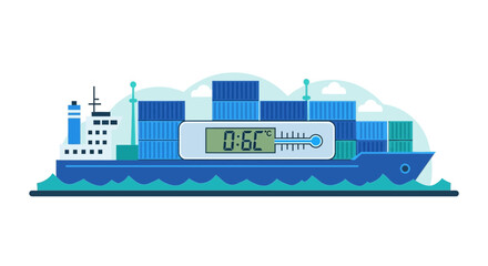Fototapeta premium Cold Chain Logistics Container Ship Illustration with Digital Thermometer