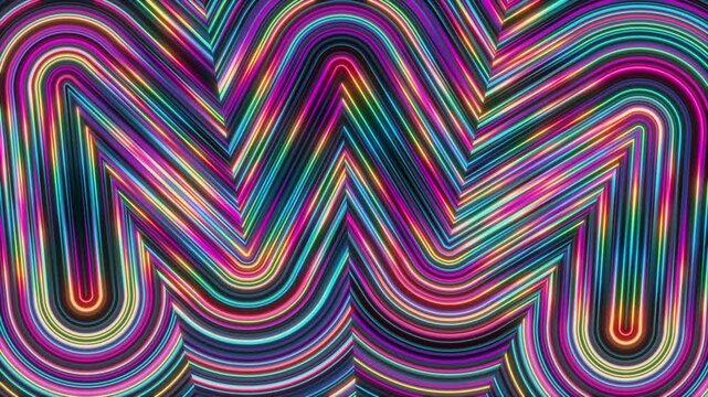 Thick neon gradient lines form a rhythmic abstract wave pattern in motion. Bright seamless video background for media, branding, and futuristic design.