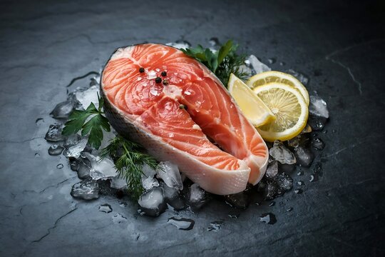 Fresh raw salmon steak on black stone plate with lime and ice cubes