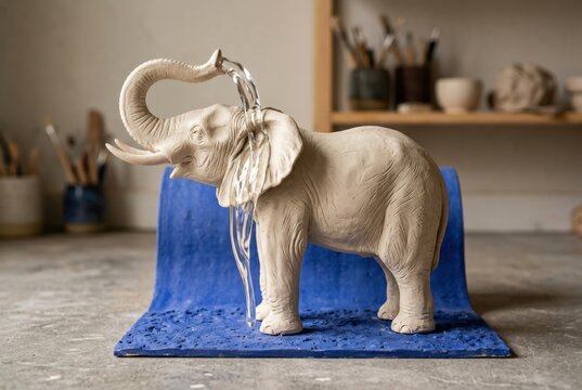 Ceramic Elephant Sculpture Pouring Water on Blue Fabric