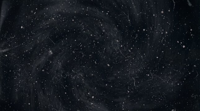 Dark cosmic background, with a swirling, spiral nebula effect, and scattered white, star particles