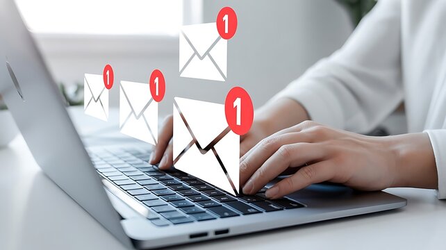 Person typing on laptop with email notification icons floating above keyboard, concept of digital communication and business messaging