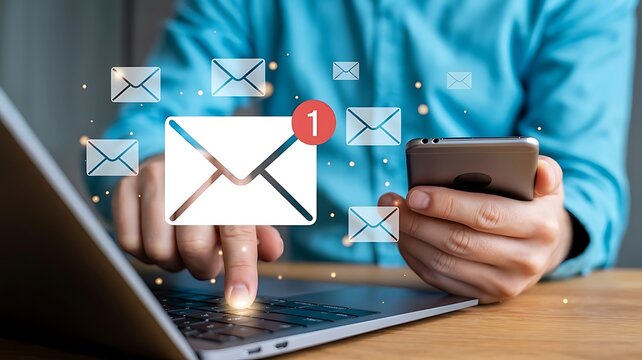 Man using laptop and smartphone to check email inbox notifications