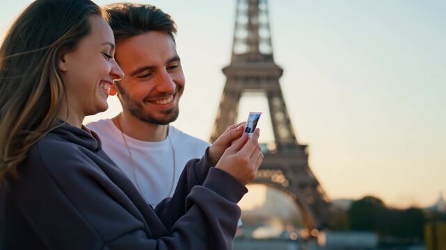 Smiling young adults hold and examine an instant photograph while standing outdoors, with Eiffel Tower softly blurred behind them in warm evening light during sightseeing