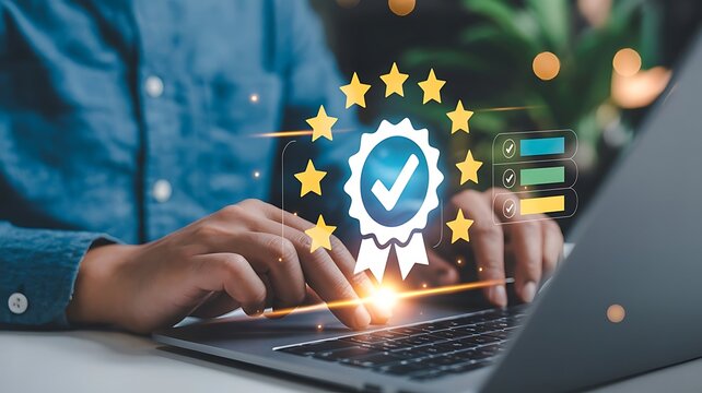 Customer satisfaction and quality assurance with a certified seal of approval and stars on a laptop