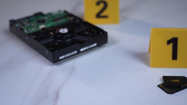 SD card and exposed internal hard drive at evidence markers one and two in cybercrime scene, handheld camera tracking glide and rack focus shift shot, methodical forensic investigation mood