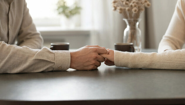 Close up of two people holding hands across a dark table in a cozy home setting with intimacy connection romantic affection relationship togetherness touching interior lifestyle