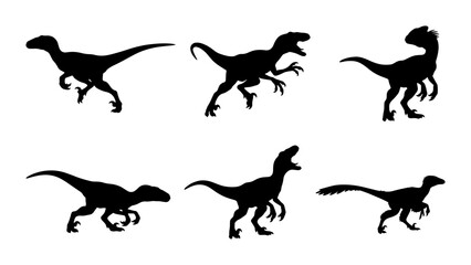 Obraz premium Dinosaur Silhouettes Set: Velociraptor Poses Vector Collection, Prehistoric Creature Icons