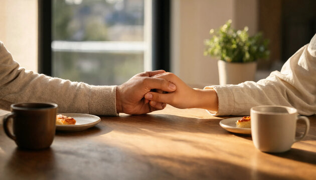 Couple holding hands across a wooden table with coffee cups in a sunny room intimacy connection romantic affection relationship togetherness daylight interior lifestyle together