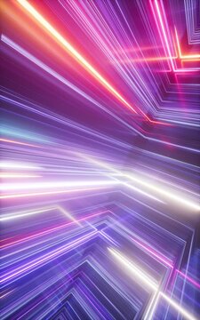 Luminous vertical neon paths race toward the viewer in seamless motion. Futuristic mobile background for media, technology, and modern digital design. 3D render motion.